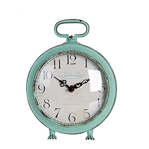 NIKKY HOME Table Clock Vintage Metal Round Desk Clock with Handle and Dragon Feet Stand for Home Living Room Bedroom Decor 56 by 22 by 75 Distressed Aqua Blue