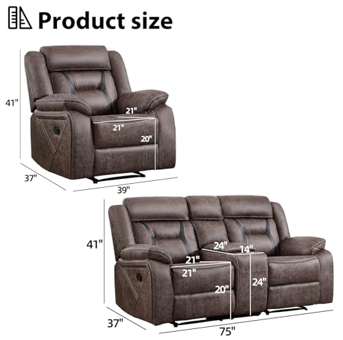 Image of EBELLO Manual Recliner Sofa Set, Faux Leather Reclining Living Room Furniture Set, Included Single Recliner Chair and Manual Loveseat Sofa, Grey