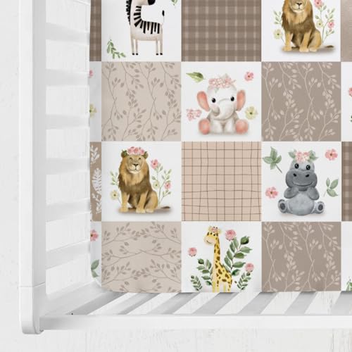 Image of Baby African Safari Animals Crib Sheets 52''x28'' Lion Elephant Giraffe Hippo Zebra Floral Leaves Stretchy Fitted Crib Mattress Cover for Boy Girl Soft Baby Sheets for Standard Crib Toddler Mattress