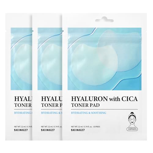 SKIN627 Hyaluron with Cica Toner Pad | Korean Facial Sheets with 6 Types of Hyaluronic Acid and Centella Asiatica | Deep Hydration and Soothing Care | 10 Pads x 3 Pack