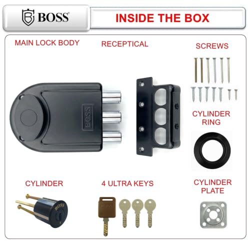 Image of B BOSS Three Dead Bolt Rim Lock with 4 High Security 14 Pin Ultra Keys Universal for Left /Right Handed Inside Opening Office or Home Main Door 15 Years Manufactuing Warranty (Matt Black)