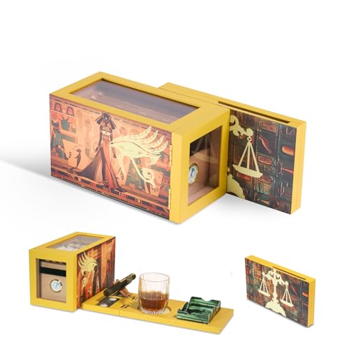 Cigar Box & Small Cigar Humidor Set, Cedar Lined, Magnetic Detachable Design, 30 Cigar Capacity, Travel Case, Cigar Set for Men, Ideal for Home or Office Decor (Yellow)