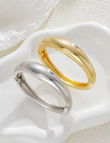 Image of Chunky Gold Bangle Bracelets for Women, Dainty 14k Gold Plated Big Stackable Bangles Set, Trendy Statement Cuff Bracelet Stack Fashion Jewelry Gifts