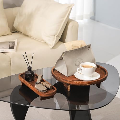 Image of Round Wooden Decorative Tray, 2 Pcs for Coffee Table, Bathroom Vanity Kitchen Counter Tray, Rustic Wood Decor, Round Serving (Walnut)