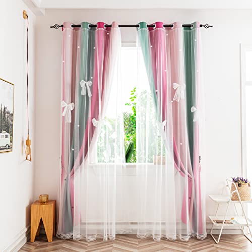 Image of Yancorp Curtains for Girls Bedroom Kids Room Curtain Colorful Window Nursery Curtain 84 inches Length Room Darkening Grommet 2 Layers (Green Red Pink, W52 X L84)