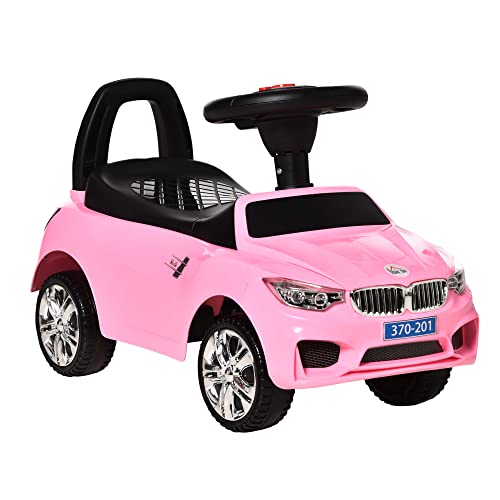 HOMCOM Carro Corre-Passeios para Crianças de 18-36 Meses Andador Corre-Passeios com Faróis, Música, Buzina, Volante, Espaço de Armazenagem e Alça para Empurrar 63,5x28x36 cm Rosa