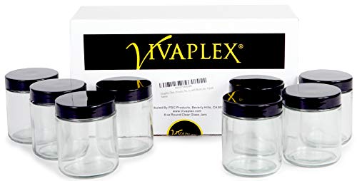 Vivaplex, Clear, 8 Ounce, Round Glass Jars, With Black Lids - 8 Pack #TOP2
