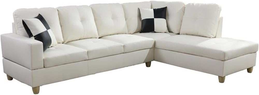 Pemberly Row Contemporary Faux Leather Right-Facing Sectional Sofa Set, Off White, 103.5" W x 74.5" D x 35" H, Includes Sofa and Chaise, Modern Design Living Room Seating with Toss Pillow