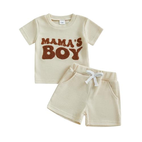 Image of allshope Baby Boy Summer Outfit Set Letter Embroidery Short Sleeve T Shirt Solid Shorts Waffle Knit Clothes 6 12 18 24 Months