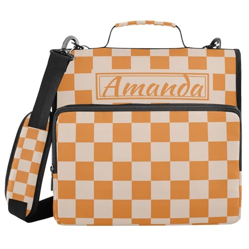 Image of Custom 3 Ring Zipper Binder Orange Checkerboard Personalized Name 1.5 inch Binders Large Capacity Multi Pockets for School Office Supplies