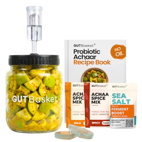Image of Gutbasket Probiotic Achaar Making Kit 1 Litre | Zero Oil, Live Cultures in 4-5 Days | 1L Glass Fermentation Jar with Airlock | 10 Achaar Recipes Inside | Beginner Friendly