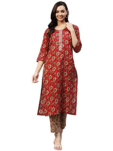 Image of GoSriKi Women's Cotton Blend Printed Straight Kurta With Pant