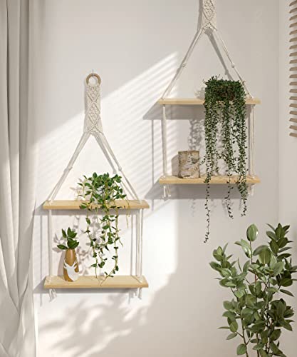 Afuly Macrame Hanging Shelves Wall Floating Shelf Natural Wood Chic Boho Decor 2 Tiers Pine Wood Cotton Rope Beige For Bedroom Bathroom Living Room Decor Ready To Hang, Beige #TOP3