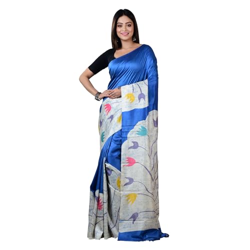 Image of 3stones Women's Mulberry Silk Saree | Printed Handwoven, Hand Batik Pure Saree with Unstiched Blouse Material Piece | Suitable for All Indian Weddings & Festivals | Traditional flower Prints