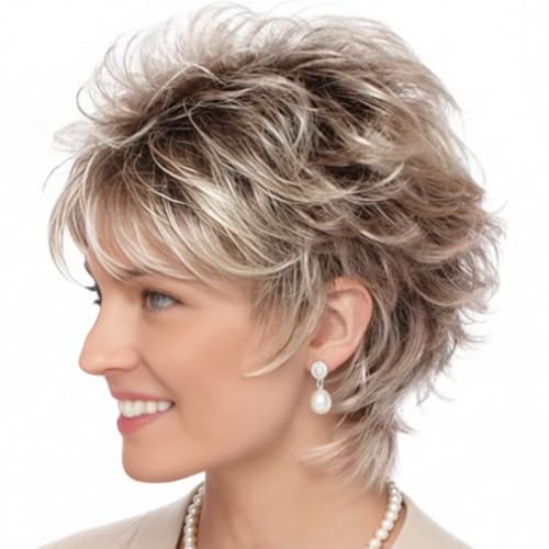 TISHINING Layered Short Blonde Pixie Wigs for White...