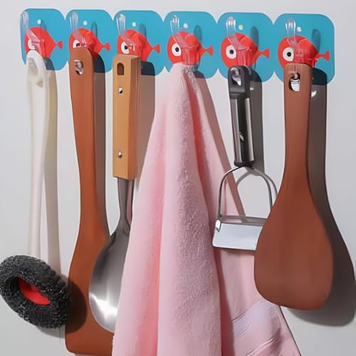 Image of JRM 6 Pcs Cartoon Wall Hooks, Self Adhesive Waterproof Sticky Hooks for Bathroom, Kitchen, Office, Multi-Color Plastic Hangers, No Drilling Wall Mount Hooks for Home Storage & Organization