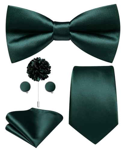 Image of Hi-Tie 5Pcs Mens Solid Color Silk Tie Satin Pretied Bowtie Lapel Pin for Men Handkerchief Cufflink Wedding Gift Box