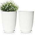Flomiara Set of 2 Tall Round Planters, Large Outdoor Planter with Drainage Holes & Trays, 18 Inch Long Plastic Flower Pots for Plants, Decorative Garden Pot for Indoor Patio Front Porch Decor, White