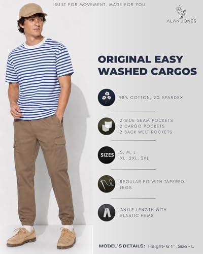 Image of Alan Jones Men's Cargo Jogger Pants | Regular Fit Tapered Joggers with Elastic Waist & Hems | Cotton Stretch Utility Pocket Track Pants | Casual Everyday Wear