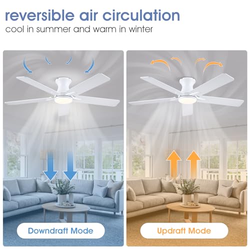 Image of 52 inchModern White Low Profile Flush Mount Ceiling Fans with Light and Remote | Supports Remote and APP, 6 Wind Speeds, Reversible, Dimmable 3 Light Colors LED Light, Noiseless 30W DC Motor,2H Timer