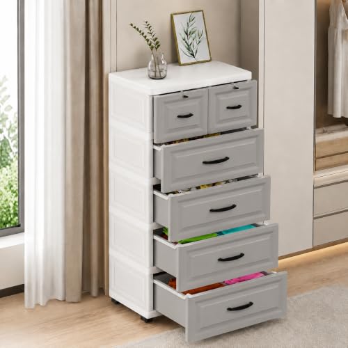 Image of KRISHYAM 6-Tier Plastic Drawer Storage Cabinet with Lockable Top Compartments & Concealed Wheels, Multipurpose Clothes Organizer for Bedroom, Kids Room & Home (6 Drawer (Grey & White))