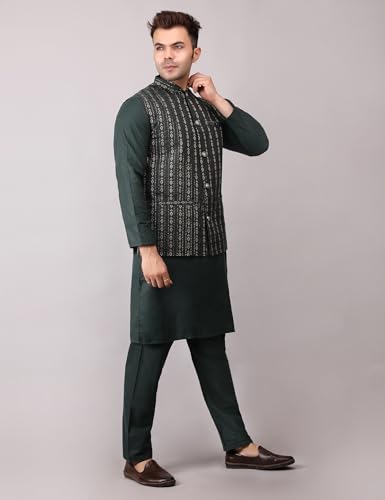 Image of Men's Cotton Silk Blend Regular Kurta Pyjama, Embroidered Nehru Jacket /Waistcoat Set
