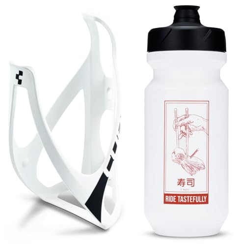 Cube HPP Cage - Matt White/Black & Flow Bottle - White, 500ml / Water Drink Flask Vessel Bidon Holder Mount Bracket Kit Lightweight Plastic Drinking Hydration Biking Bike Riding Frame Accessories