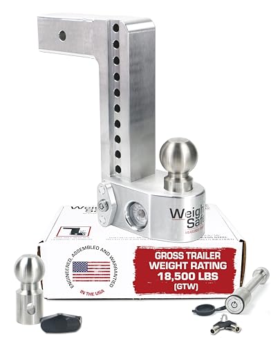 Weigh Safe Aluminum Adjustable Trailer Hitch - Towing Hitch with Built-In Tongue Weight Scale - Compatible with 2.5' Receivers - 10' Drop, Stainless Steel Tow Balls, 18,500 GTW, 2-Piece Lock Set