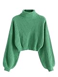 ZAFUL Women's Cropped Turtleneck Sweater Lantern Sleeve Ribbed Knit Pullover Sweater Jumper (2-Sea Green, S)