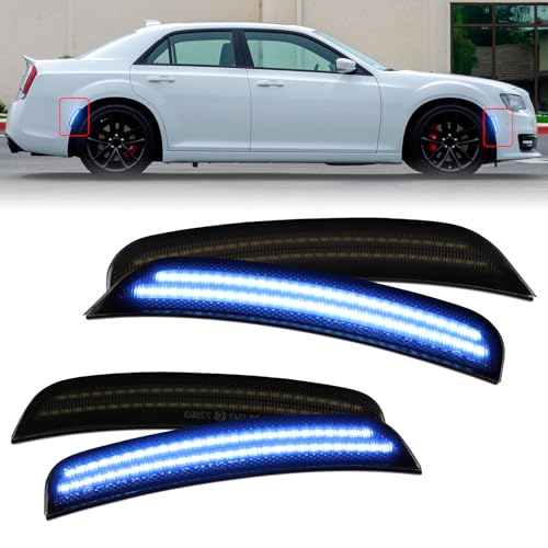 FetonAuto Blue LED Side Marker Lights For Chrysler 300 2015 2016 2017 2018 2019 2020 2021 2022 2023 Front Rear Bumper Fender Smoked Lens Sidemarker Lamp Accessories