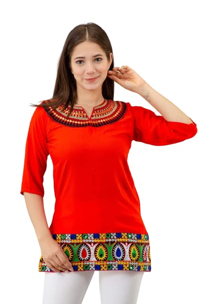 Image of Women's Rayon Embroidery Work Short Top | Short Kurti for Women | Embroidered Straight Rayon Kurta | Tunic Tops for Women