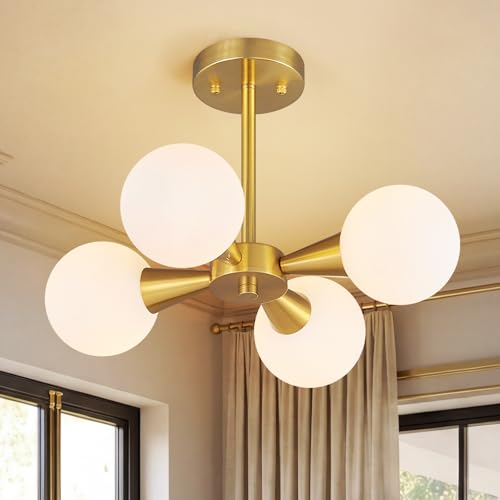 Image of Mid Century Modern Ceiling Light with Milk White Glass lampshade Gold Semi Flush Mount Ceiling Light Fixture Sputnik Chandelier for Bedroom Living Room Dining Room Foyer Hallway(4-Lights)