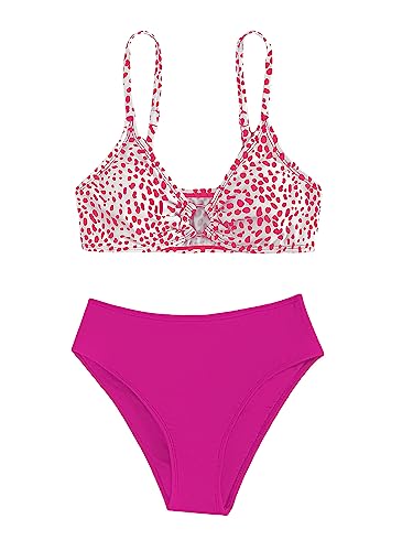 Image of SHENHE Girl's 2 Piece Swimsuit High Waisted Spaghetti Strap Cute Scoop Neck Wireless Bathing Suit Bikini Set Dalmatian Hot Pink 12 Years