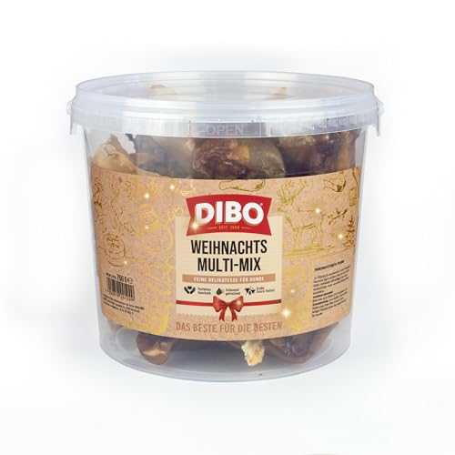 DIBO Weihnachts-Multi-Mix im 750g Eimer - wiederverschließbar, 100% schonend getrockneter Naturkausnack, natürliches und artgerechtes Barf Leckerli für Hunde zur Vorweihnachtszeit