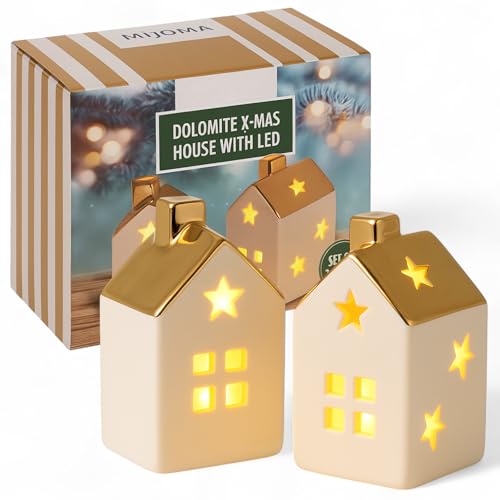MIJOMA LED Deko Häuser 2er Set aus Dolomit – Weihnachtshäuser mit...