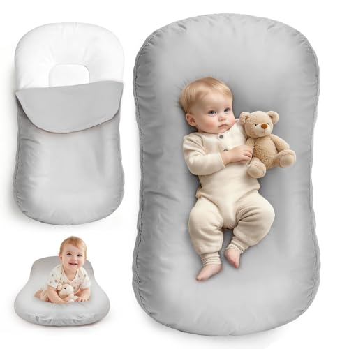 Baby Lounger for Newborn - Infant Support Cushion 0-24 Months Organic Cotton Breathable XL Portable Floor Lounger for Tummy Time Machine Washable Cover Supervised Use Essential Baby Gift (Gray)