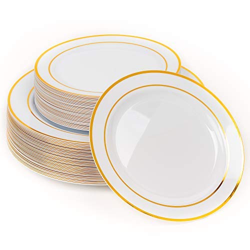 60 Elegante Platos Plástico Duro Desechables con Borde Dorado, 2 Tamaños (30 Platos Grandes y 30 Platos Ensalada Postre) - Lavable & Reutilizable - Vajilla Desechables para Catering Bodas Fiestas.