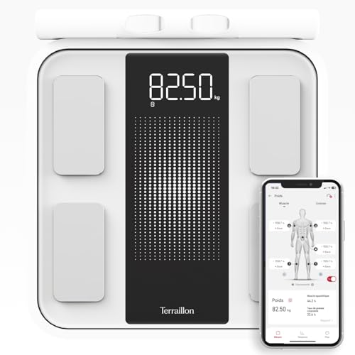 TERRAILLON - Balance Pese personne, Connectée Bluetooth avec application, Analyse Corporelle avec 8 électrodes, Jusqu’à 16 données analysées, Haute...