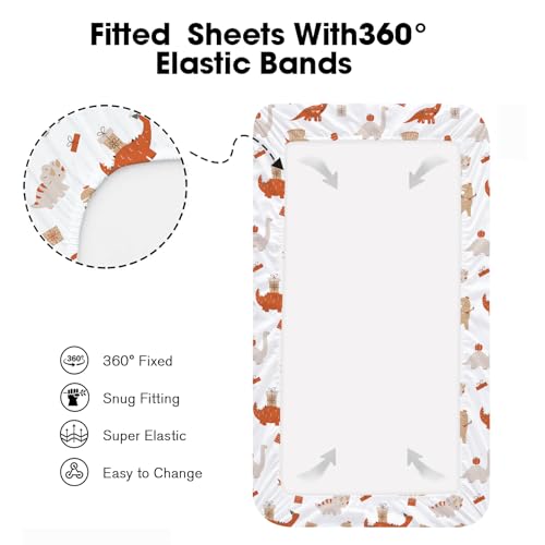 Image of Bimocosy Pack and Play Sheets Fitted 4 Pack, 38 x 26 Inch Pack n Play Mini Crib Sheets for Boys and Girls, Soft Stretchy Playard Mattress Sheets for Graco Pack n Play, Dino Harvest