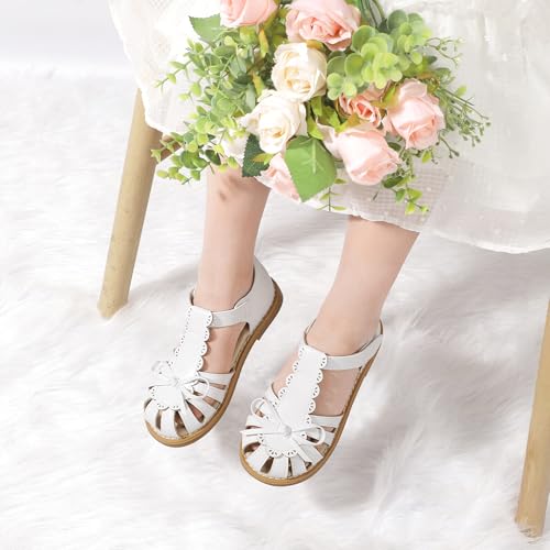 PANDANINJIA Toddler Girls Sandals Closed Toe T-Strap Kids Dress Summer Flats Sandals Cute Bow Flower Girl Shoes2