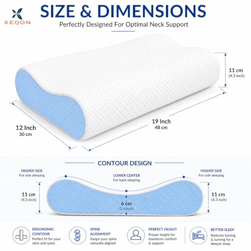 Image of Memory Foam Cervical Pillow for Neck Pain Relief Ergonomic Contour Design for Back & Side Sleepers Breathable Washable Cover Neck Support Sleeping Pillow (Sky Blue)