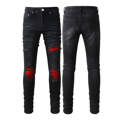 Men's Biker Ripped Jeans Stretchy Skinny Slim fit Distressed Pants Red Patch Holes #886
