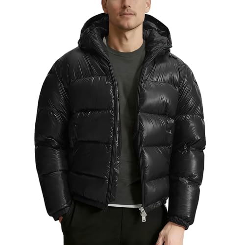 Generisch Winterjacke Glänzende Daunenjacke Herren Warme Winterjacke Leichte Steppjacke Mit Kapuze Outdoor Puffer Jacke Puffermantel Langarm Wintermantel Schwarz S