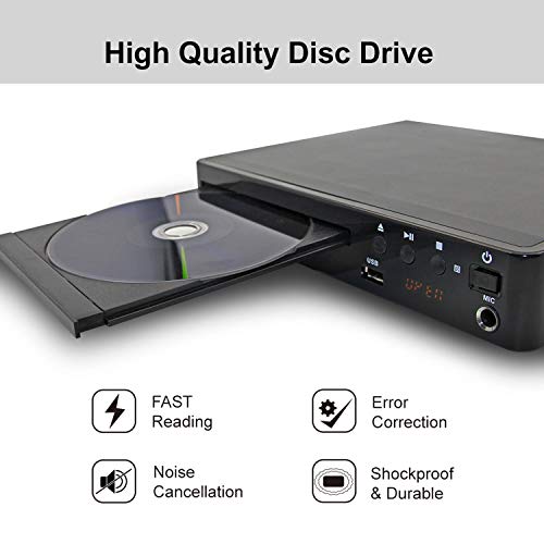 LONPOO Compact DVD CD Player Codefree Multi Region Play, Support 1080P Upscaling, HDMI & AV Output (Cable Included), USB2.0 Port Input, Mic Port