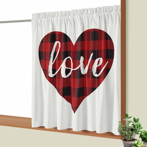 Tuyouixinnen カフェカーテン 小窓用 カーテン 断熱 遮熱 目隠し おしゃれ 北欧 間仕切り 喫茶店 部屋 洗面所 飾り ハート チエック柄 黒赤 キッチン 居間 外から見えにくい 100×110cm