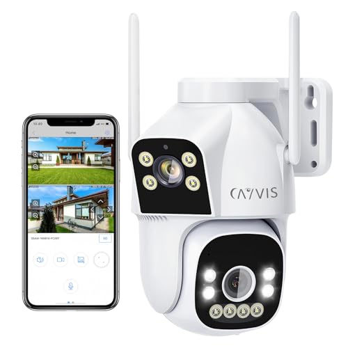 CAYVIS 2MP+2MP Telecamera Wi-Fi Esterno, 2.4GHZ/5GHZ PTZ Videocamera Sorveglianza Esterno con Doppia Lente,FHD Tracciamento Automatico, Visione Notturna a Colori, Audio Bidirezionale, IP66 (HD)
