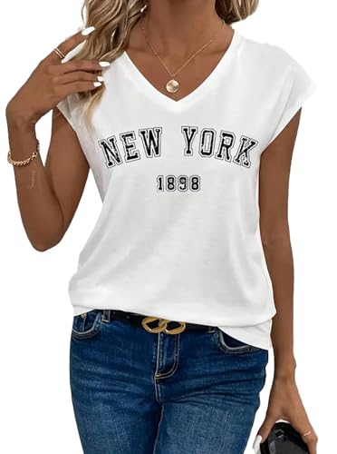 Avanova Women New York Graphic Cap Sleeve V Neck T Shirt Loose Casual Summer Tee3