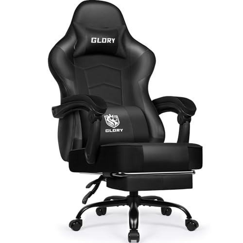 minnouat Gaming Stuhl Ergonomischer mit Fußstütze, Gaming Chair Bürostuhl 150 kg Belastbarkeit, Gamer Stuhl aus Kunstleder, Höhenverstellbarer PC Zockerstuhl für Jugendliche Erwachsene, Schwarz