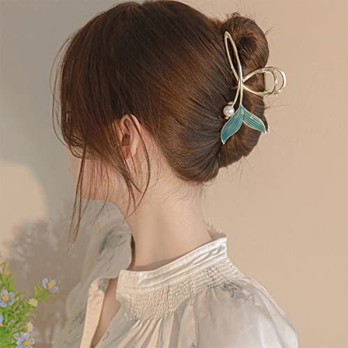 Pinzas de cabello Blue Fish Tail con perla, clip de mano de sirena grande dorado de metal, sujeción fuerte y antideslizante, accesorios grandes para mujer y niñas miniatura 4