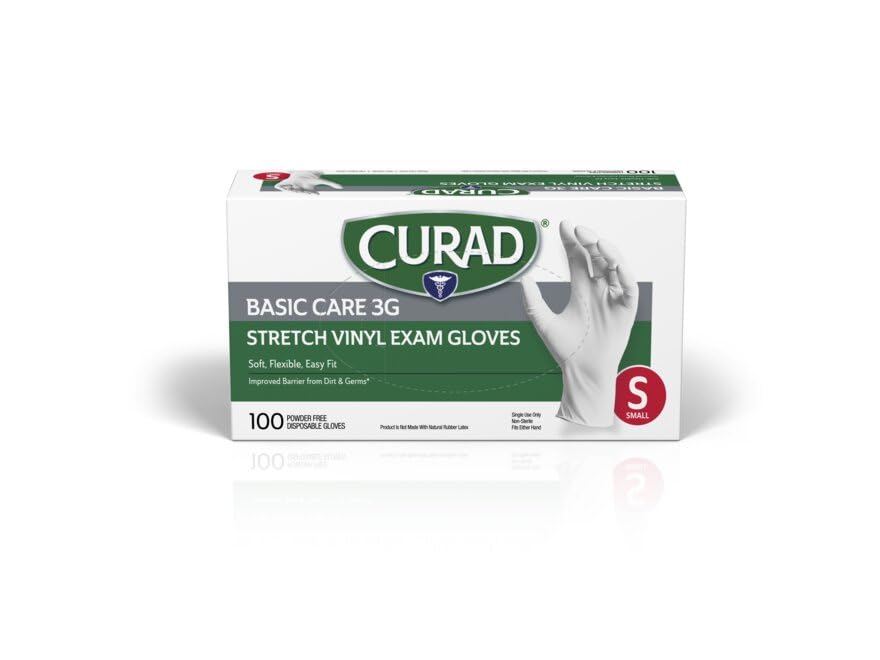 Medline CURAD Basic Care 3G Stretch Vinyl Exam Glove, Sterile, Small, Case of 1200
